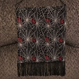 Black homemade fringe bag with red glitter spiders